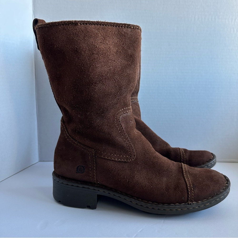 Born Audie brown suede leather mid-calf boots.